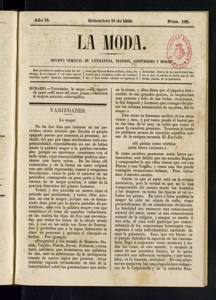 Miniatura de La Moda: revista semanal de literatura, teatros, costumbres y modas del 28 de septiembre de 1856