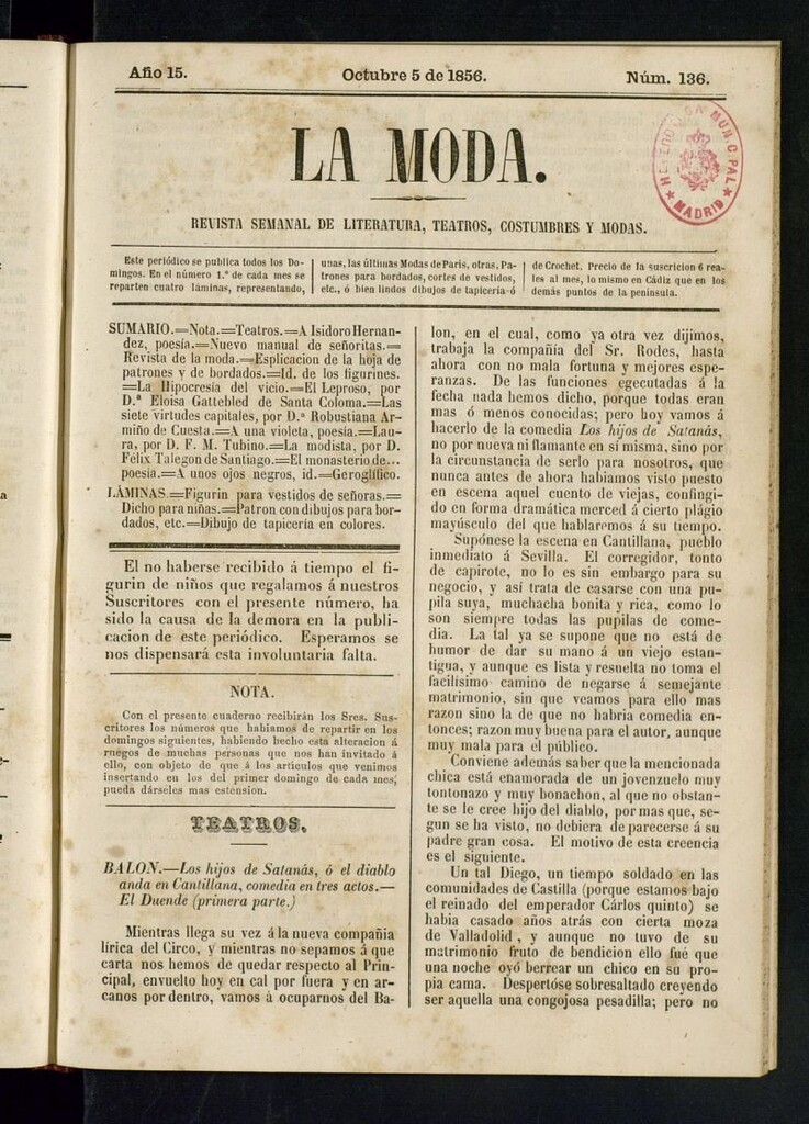 Miniatura de La Moda: revista semanal de literatura, teatros, costumbres y modas del 5 de octubre de 1856
