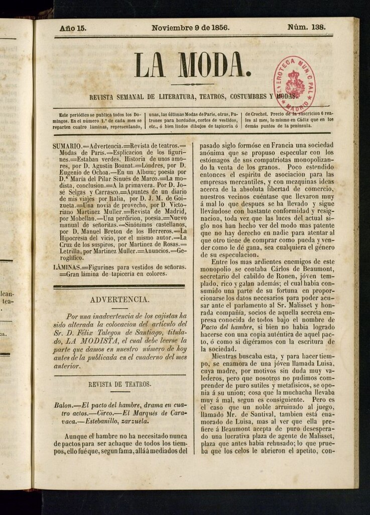 Miniatura de La Moda: revista semanal de literatura, teatros, costumbres y modas del 9 de noviembre de 1856