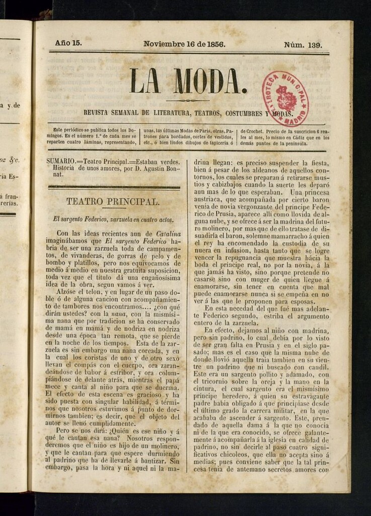 Miniatura de La Moda: revista semanal de literatura, teatros, costumbres y modas del 16 de noviembre de 1856