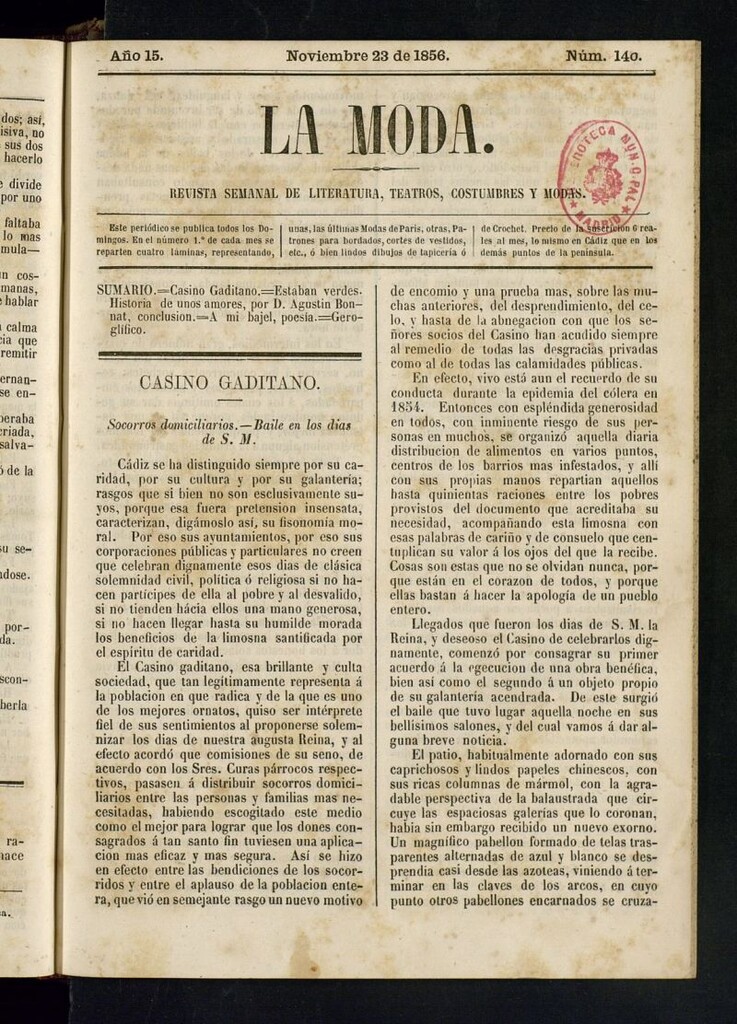 Miniatura de La Moda: revista semanal de literatura, teatros, costumbres y modas del 23 de noviembre de 1856
