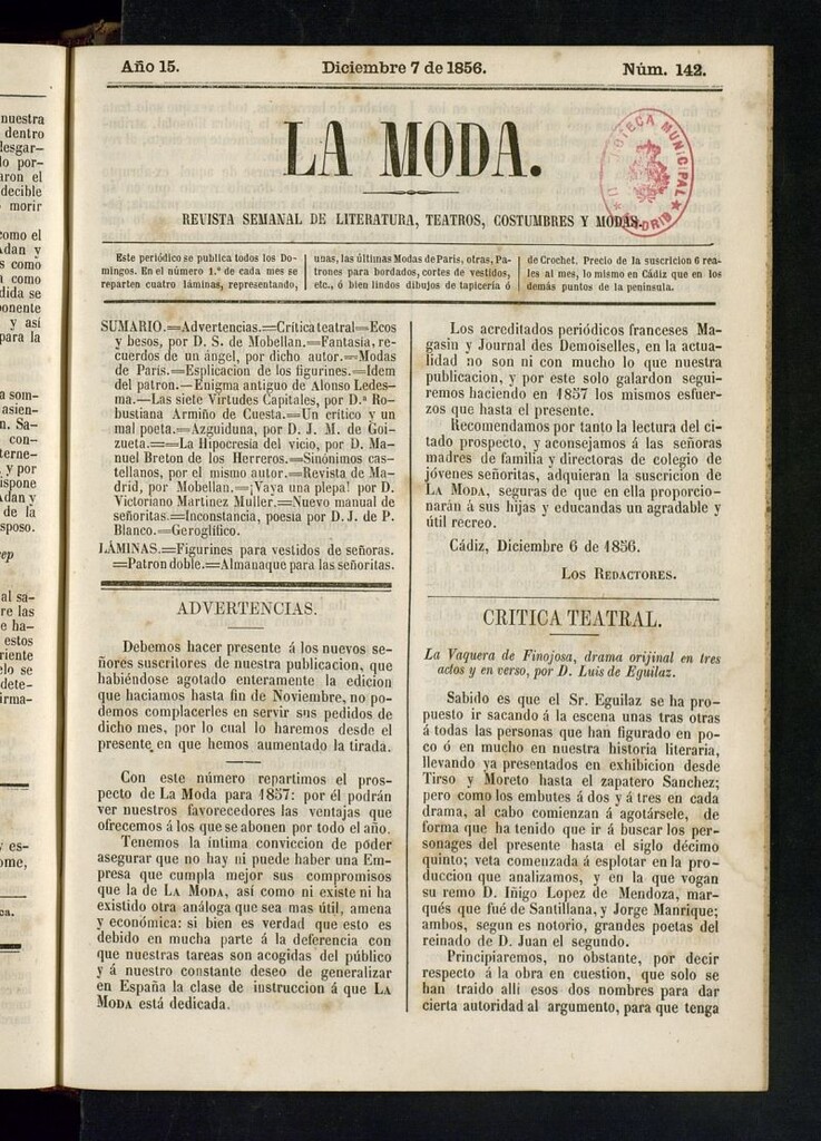 Miniatura de La Moda: revista semanal de literatura, teatros, costumbres y modas del 7 de diciembre de 1856