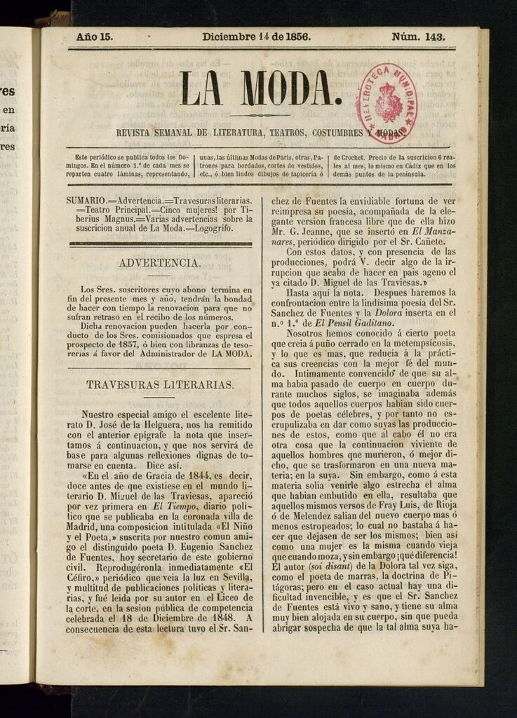 Miniatura de La Moda: revista semanal de literatura, teatros, costumbres y modas del 14 de diciembre de 1856