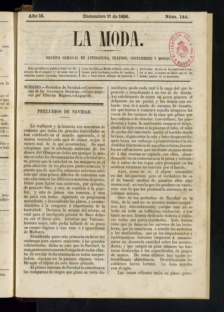 Miniatura de La Moda: revista semanal de literatura, teatros, costumbres y modas del 21 de diciembre de 1856