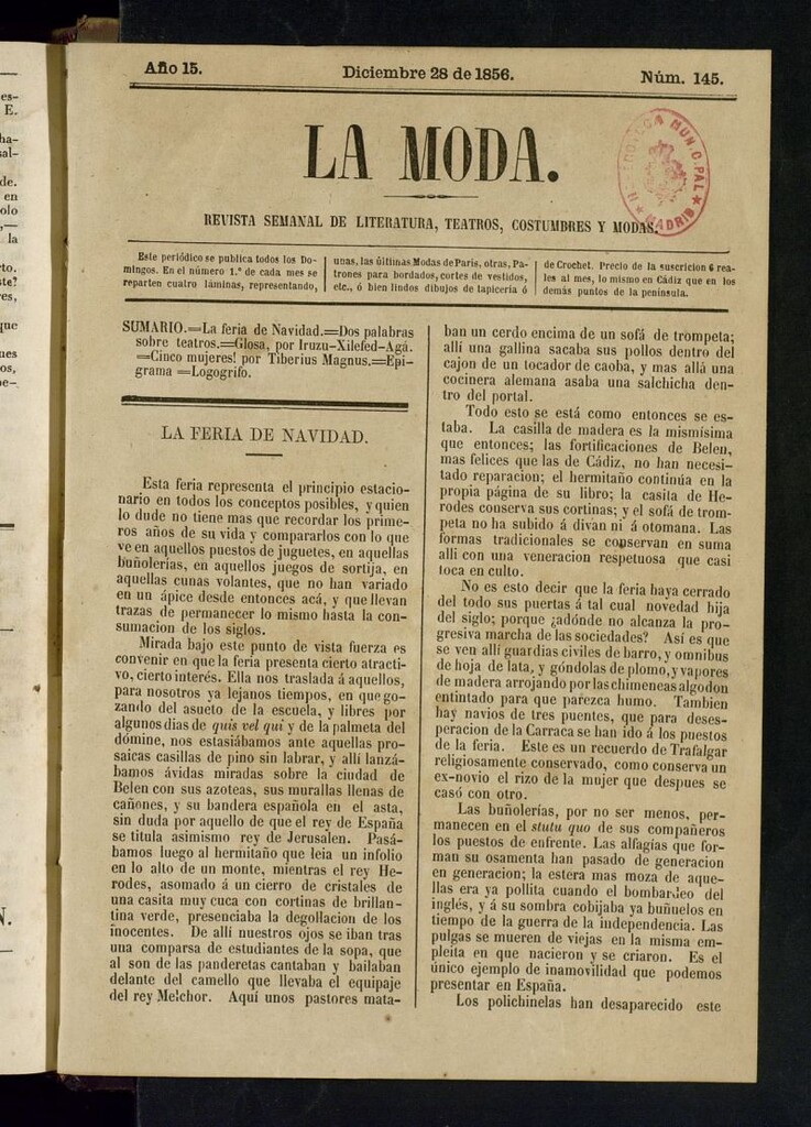 Miniatura de La Moda: revista semanal de literatura, teatros, costumbres y modas del 28 de diciembre de 1856
