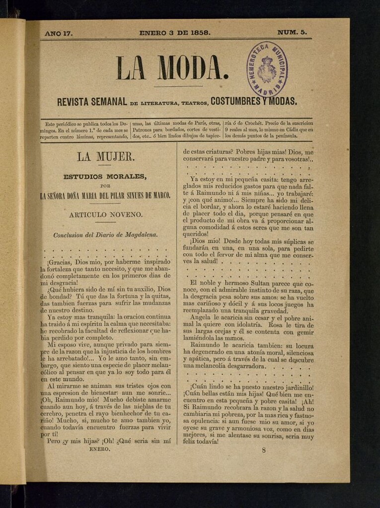 Miniatura de La Moda: revista semanal de literatura, teatros, costumbres y modas del 3 de enero de 1858