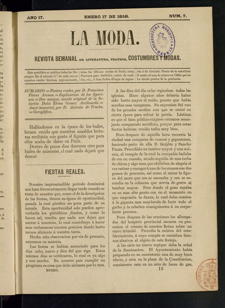 Miniatura de La Moda: revista semanal de literatura, teatros, costumbres y modas del 17 de enero de 1858