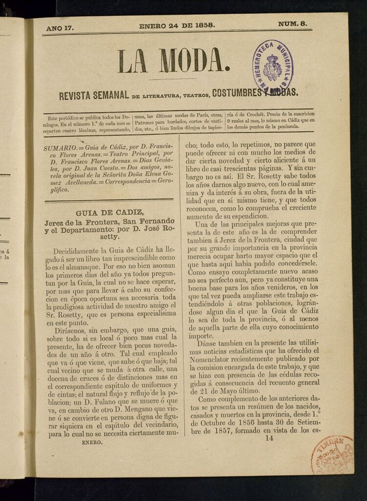 Miniatura de La Moda: revista semanal de literatura, teatros, costumbres y modas del 24 de enero de 1858