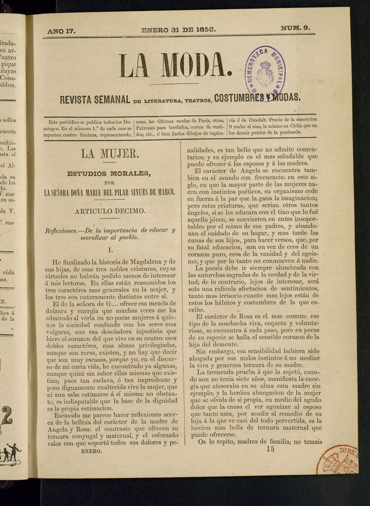 Miniatura de La Moda: revista semanal de literatura, teatros, costumbres y modas del 31 de enero de 1858