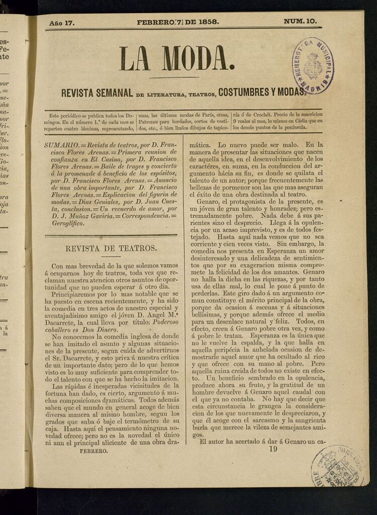 Miniatura de La Moda: revista semanal de literatura, teatros, costumbres y modas del 7 de febrero de 1858