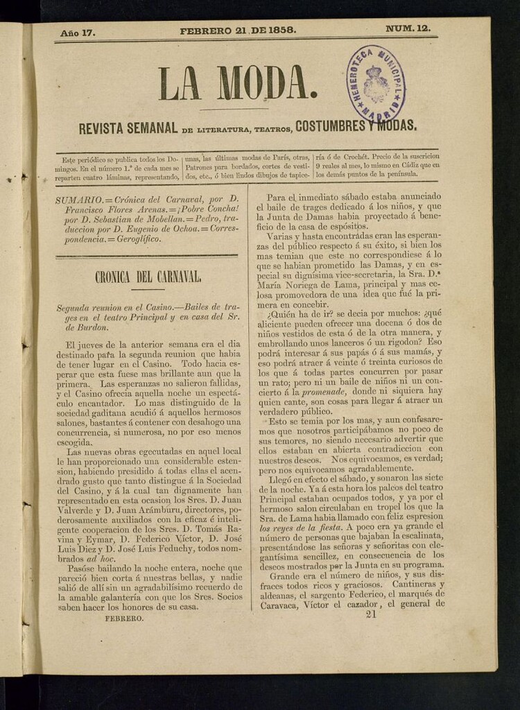 Miniatura de La Moda: revista semanal de literatura, teatros, costumbres y modas del 21 de febrero de 1858