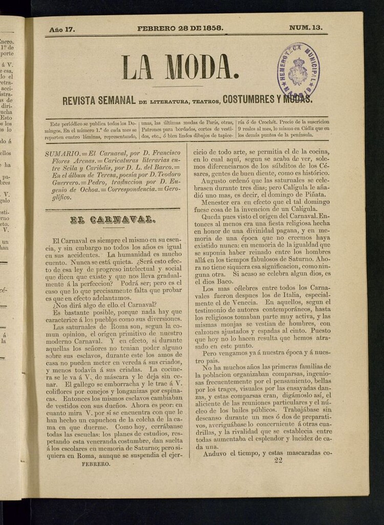 Miniatura de La Moda: revista semanal de literatura, teatros, costumbres y modas del 28 de febrero de 1858