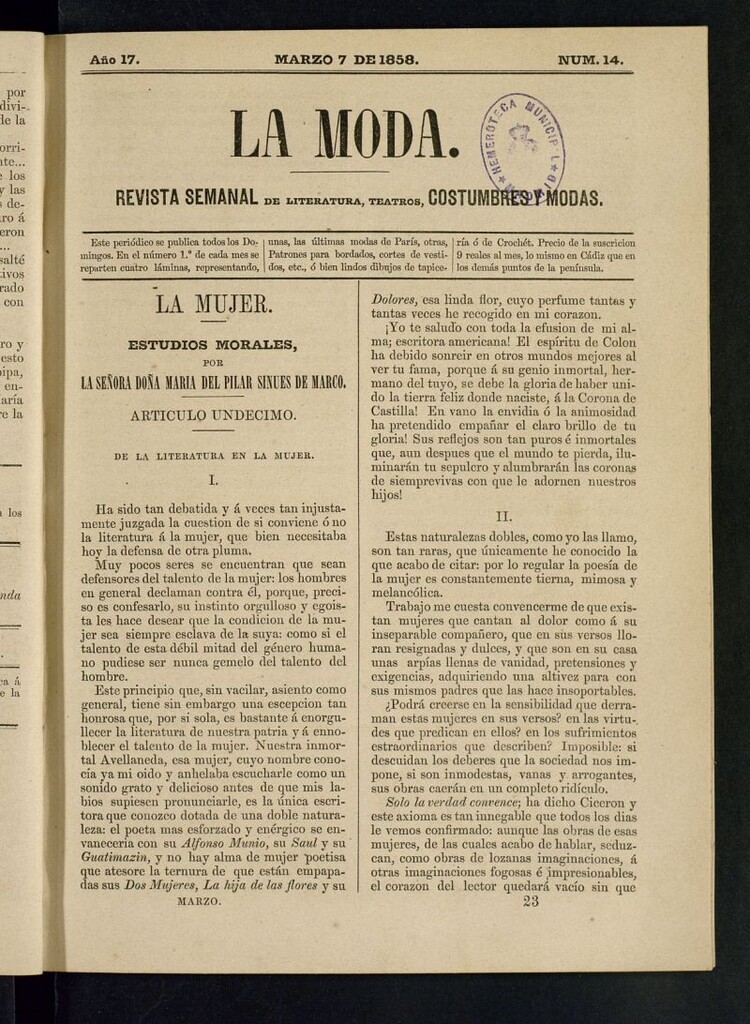 Miniatura de La Moda: revista semanal de literatura, teatros, costumbres y modas del 7 de marzo de 1858