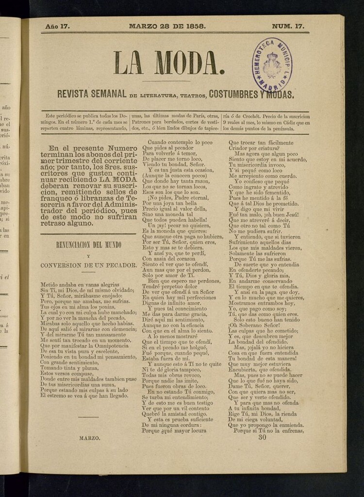 Miniatura de La Moda: revista semanal de literatura, teatros, costumbres y modas del 28 de marzo de 1858