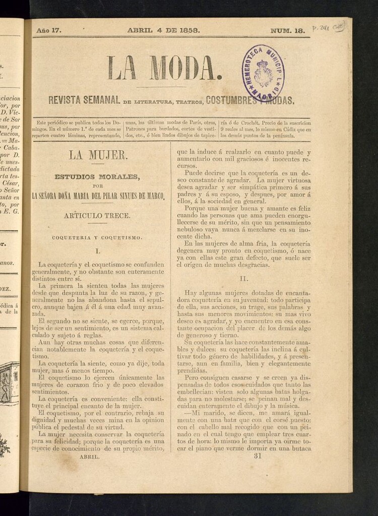Miniatura de La Moda: revista semanal de literatura, teatros, costumbres y modas del 4 de abril de 1858