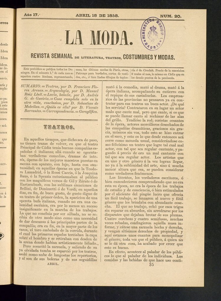 Miniatura de La Moda: revista semanal de literatura, teatros, costumbres y modas del 18 de abril de 1858