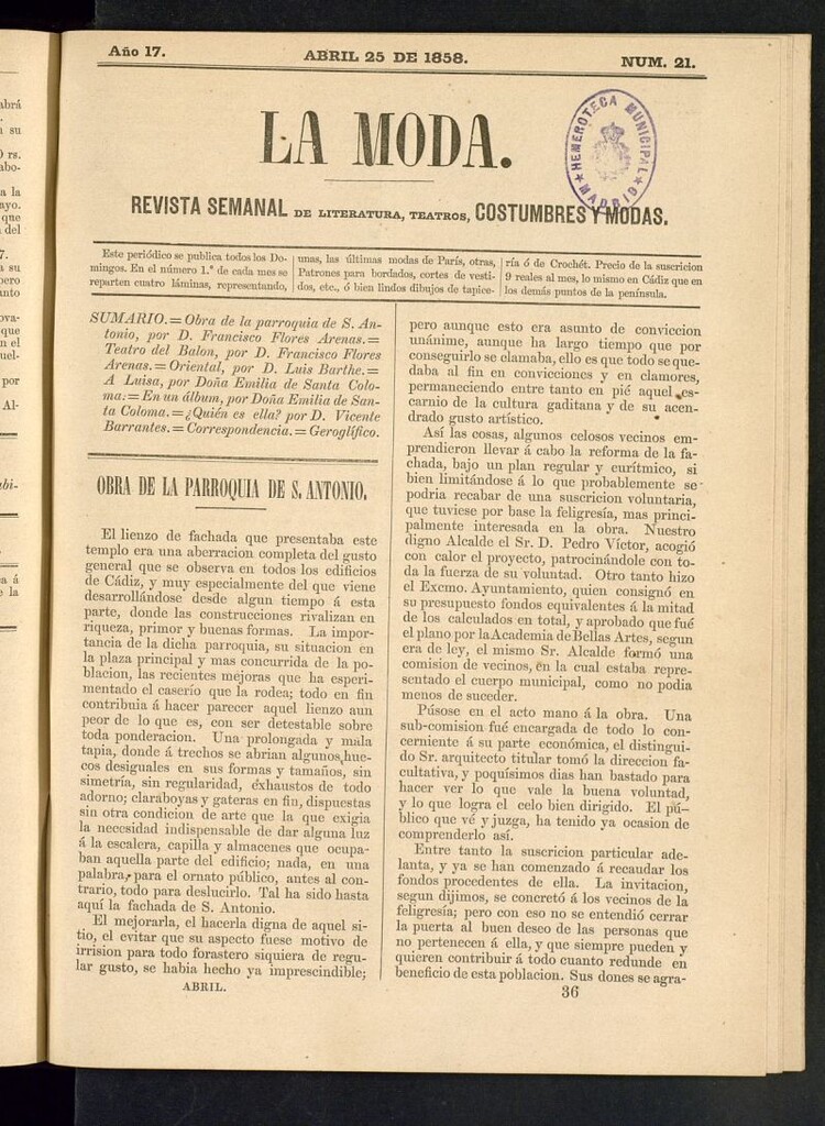 Miniatura de La Moda: revista semanal de literatura, teatros, costumbres y modas del 25 de abril de 1858