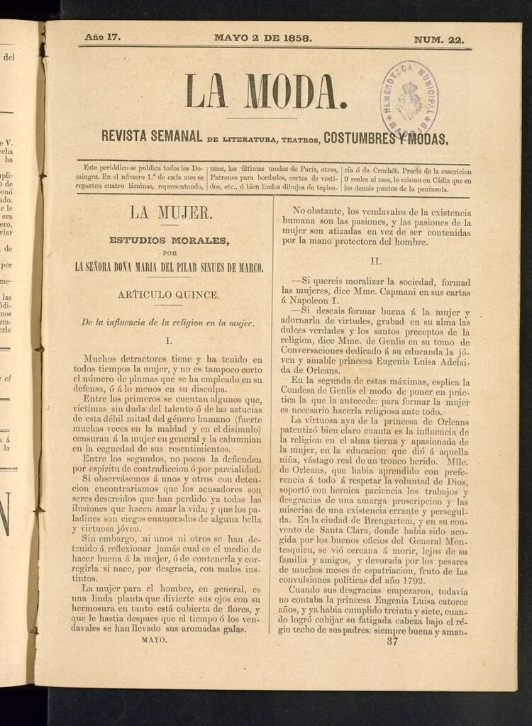 Miniatura de La Moda: revista semanal de literatura, teatros, costumbres y modas del 2 de mayo de 1858