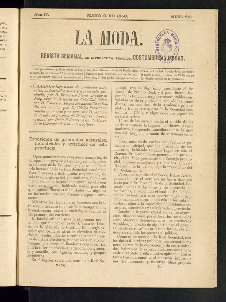 Miniatura de La Moda: revista semanal de literatura, teatros, costumbres y modas del 9 de mayo de 1858