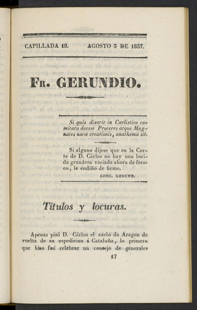Miniatura de Fr. Gerundio: periódico satírico de política y costumbres del 3 de agosto de 1837, capillada 18