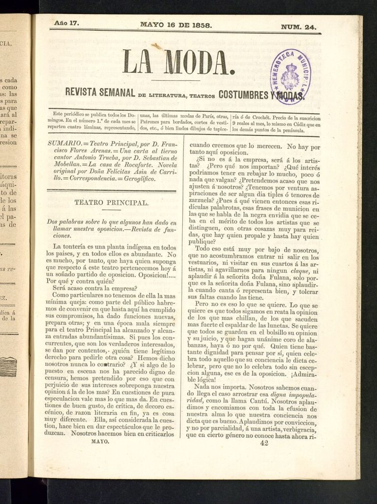 Miniatura de La Moda: revista semanal de literatura, teatros, costumbres y modas del 16 de mayo de 1858