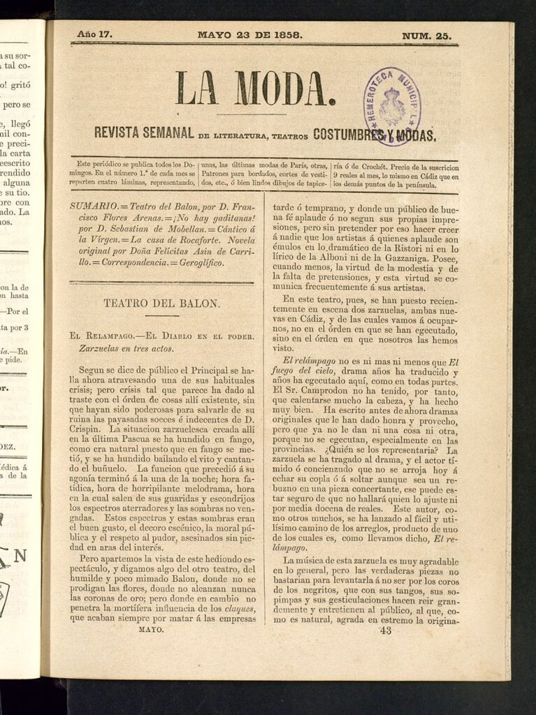 Miniatura de La Moda: revista semanal de literatura, teatros, costumbres y modas del 23 de mayo de 1858
