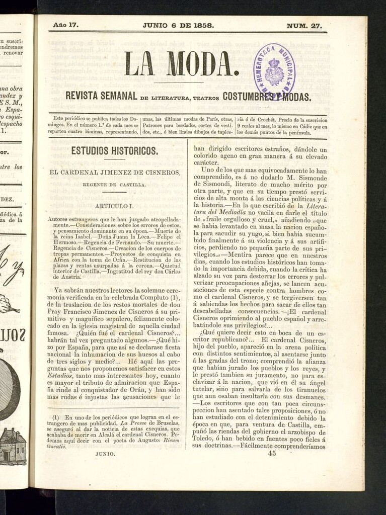 Miniatura de La Moda: revista semanal de literatura, teatros, costumbres y modas del 6 de junio de 1858
