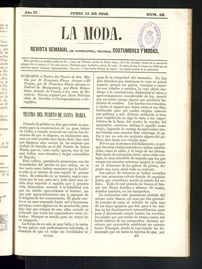 Miniatura de La Moda: revista semanal de literatura, teatros, costumbres y modas del 13 de junio de 1858
