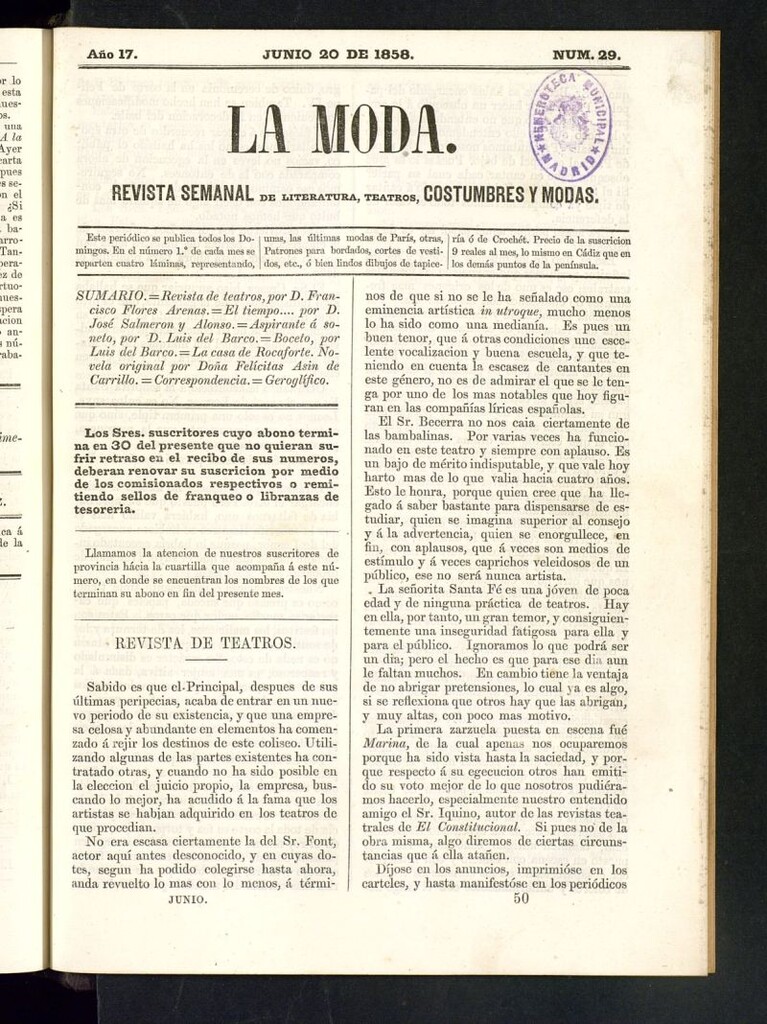 Miniatura de La Moda: revista semanal de literatura, teatros, costumbres y modas del 20 de junio de 1858