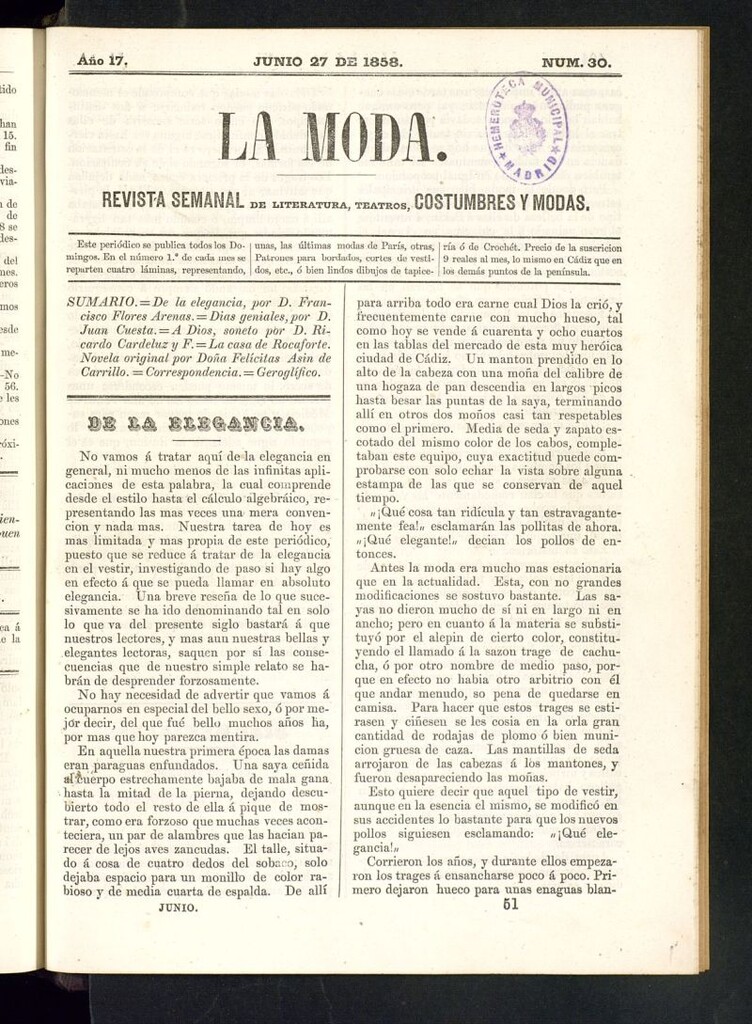 Miniatura de La Moda: revista semanal de literatura, teatros, costumbres y modas del 27 de junio de 1858
