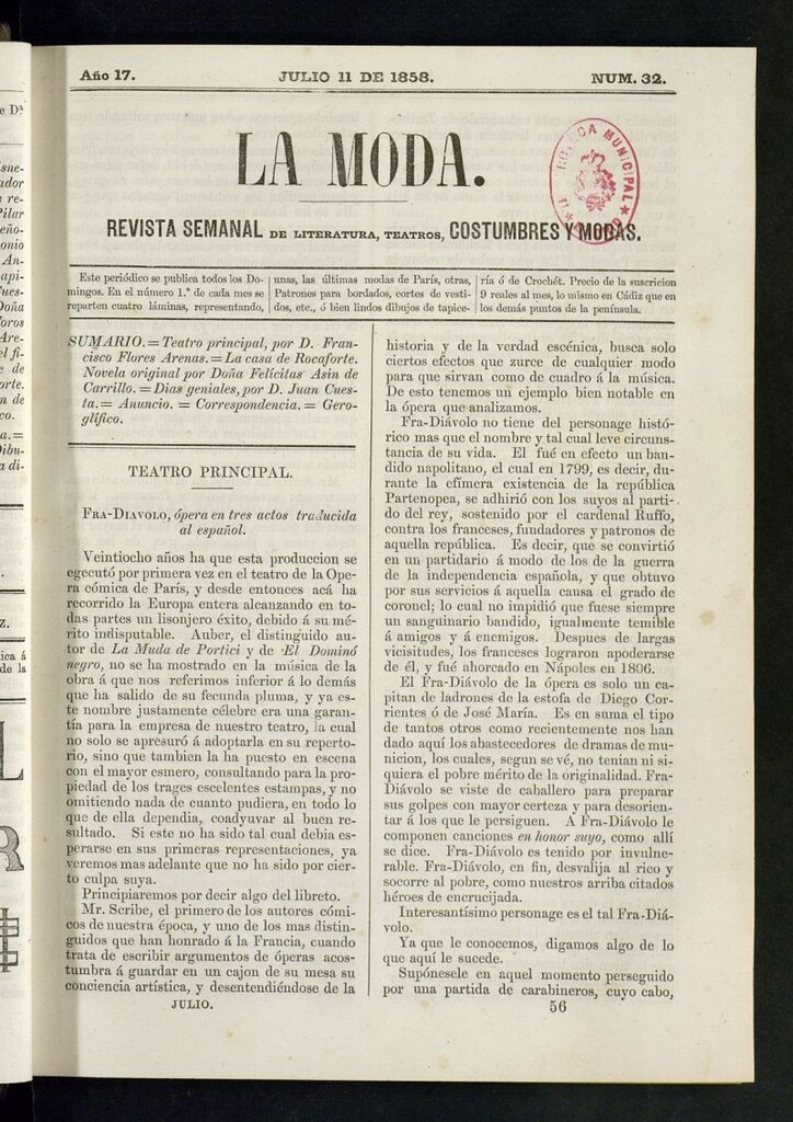 Miniatura de La Moda: revista semanal de literatura, teatros, costumbres y modas del 11 de julio de 1858