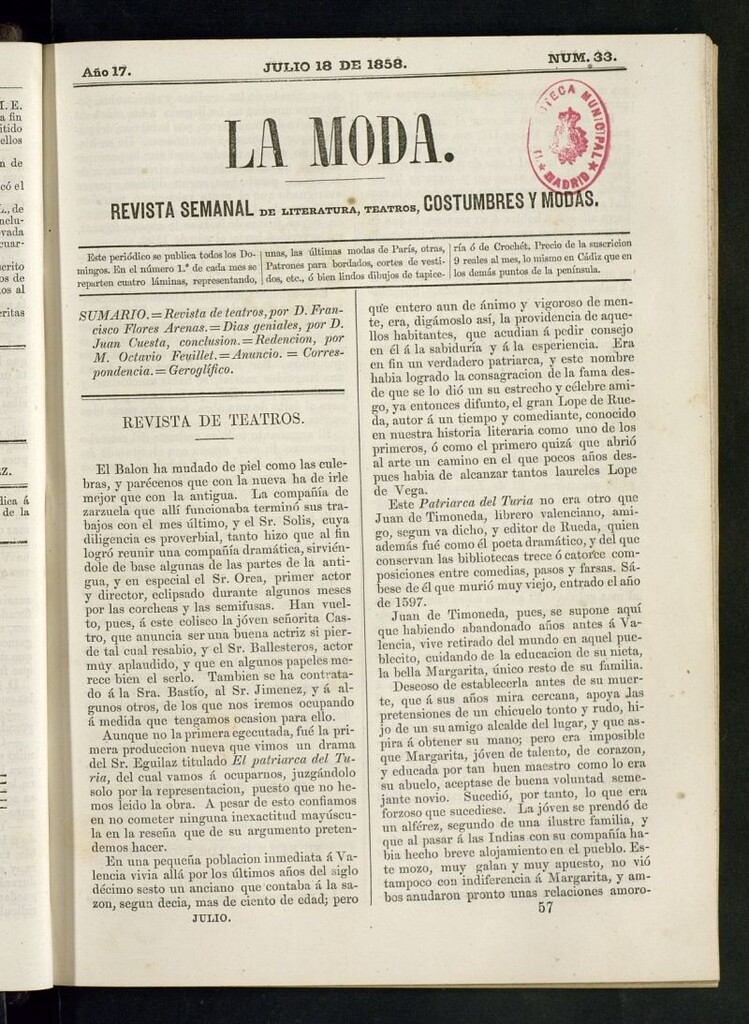 Miniatura de La Moda: revista semanal de literatura, teatros, costumbres y modas del 18 de julio de 1858