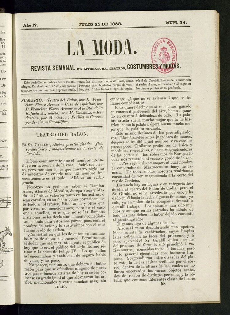 Miniatura de La Moda: revista semanal de literatura, teatros, costumbres y modas del 25 de julio de 1858