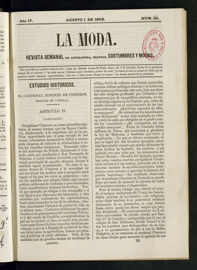 Miniatura de La Moda: revista semanal de literatura, teatros, costumbres y modas del 1 de agosto de 1858