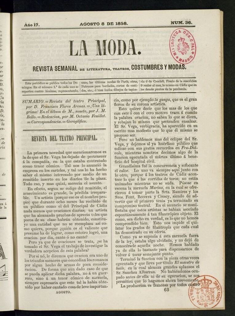 Miniatura de La Moda: revista semanal de literatura, teatros, costumbres y modas del 8 de agosto de 1858