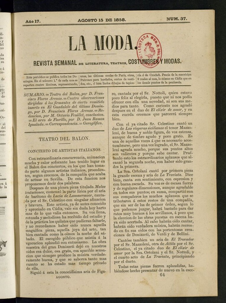 Miniatura de La Moda: revista semanal de literatura, teatros, costumbres y modas del 15 de agosto de 1858