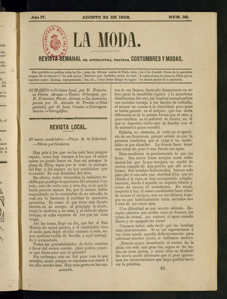 Miniatura de La Moda: revista semanal de literatura, teatros, costumbres y modas del 22 de agosto de 1858