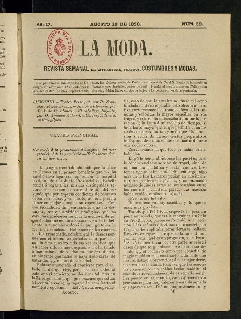 Miniatura de La Moda: revista semanal de literatura, teatros, costumbres y modas del 29 de agosto de 1858