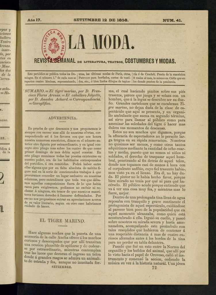 Miniatura de La Moda: revista semanal de literatura, teatros, costumbres y modas del 12 de septiembre de 1858