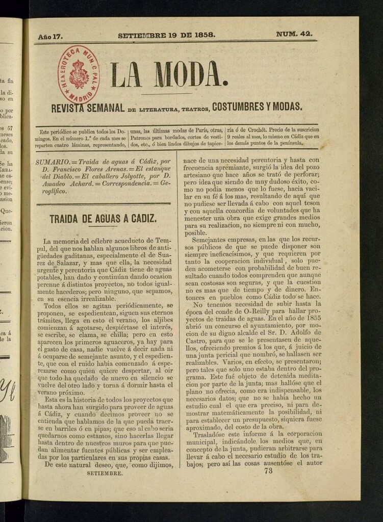 Miniatura de La Moda: revista semanal de literatura, teatros, costumbres y modas del 19 de septiembre de 1858