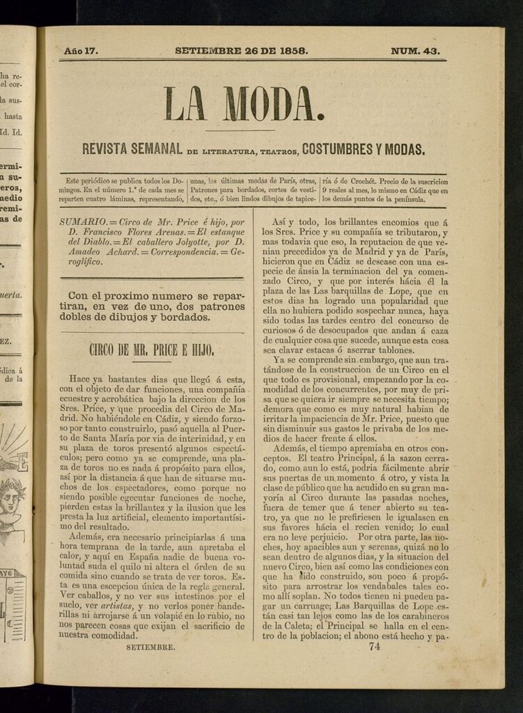 Miniatura de La Moda: revista semanal de literatura, teatros, costumbres y modas del 26 de septiembre de 1858