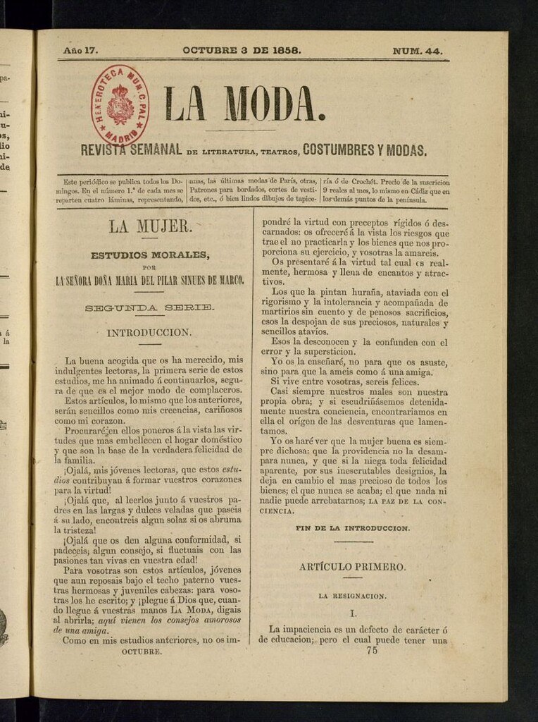 Miniatura de La Moda: revista semanal de literatura, teatros, costumbres y modas del 3 de octubre de 1858