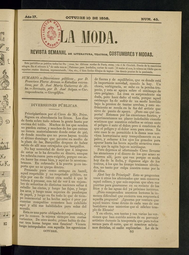 Miniatura de La Moda: revista semanal de literatura, teatros, costumbres y modas del 10 de octubre de 1858