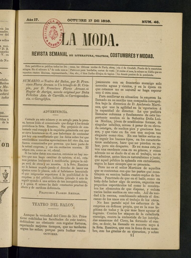 Miniatura de La Moda: revista semanal de literatura, teatros, costumbres y modas del 17 de octubre de 1858