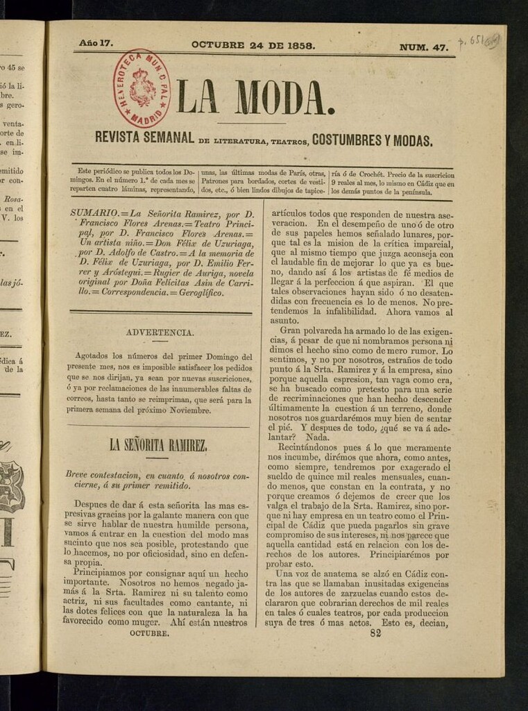 Miniatura de La Moda: revista semanal de literatura, teatros, costumbres y modas del 24 de octubre de 1858