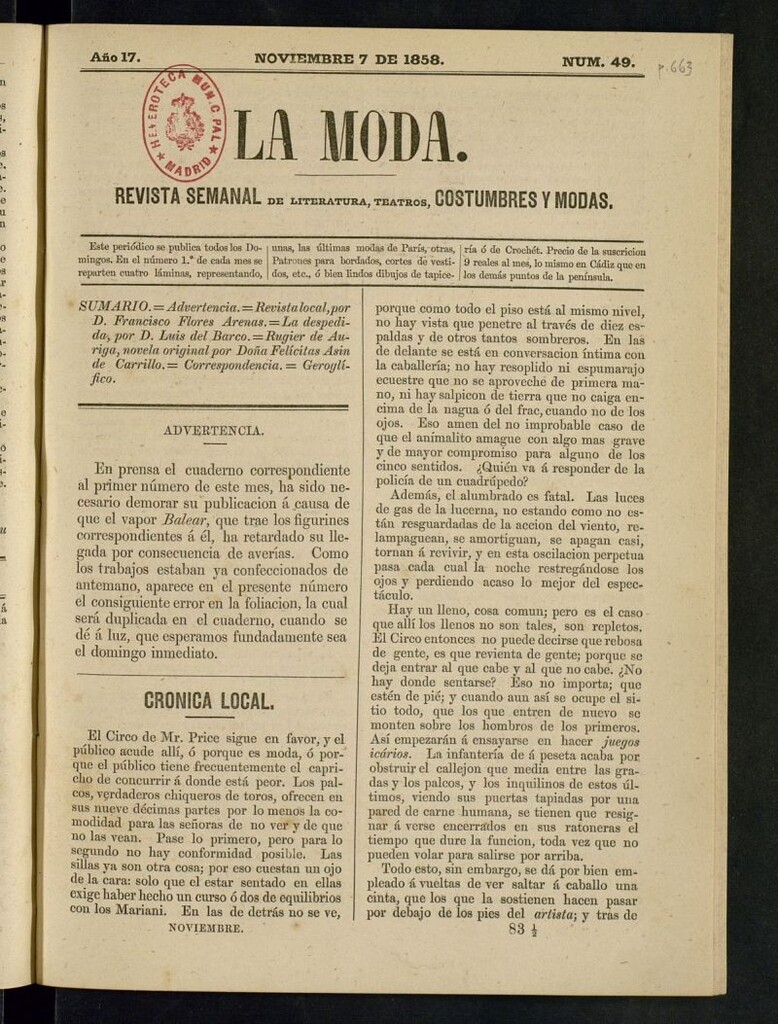 Miniatura de La Moda: revista semanal de literatura, teatros, costumbres y modas del 7 de noviembre de 1858
