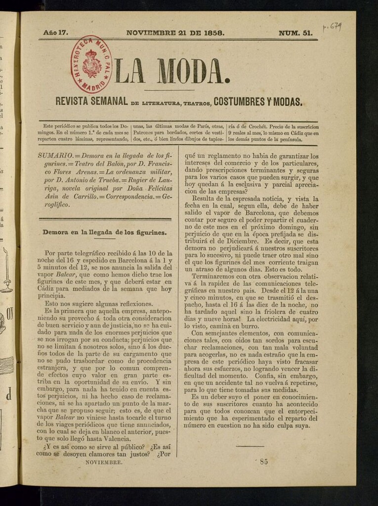 Miniatura de La Moda: revista semanal de literatura, teatros, costumbres y modas del 21 de noviembre de 1858
