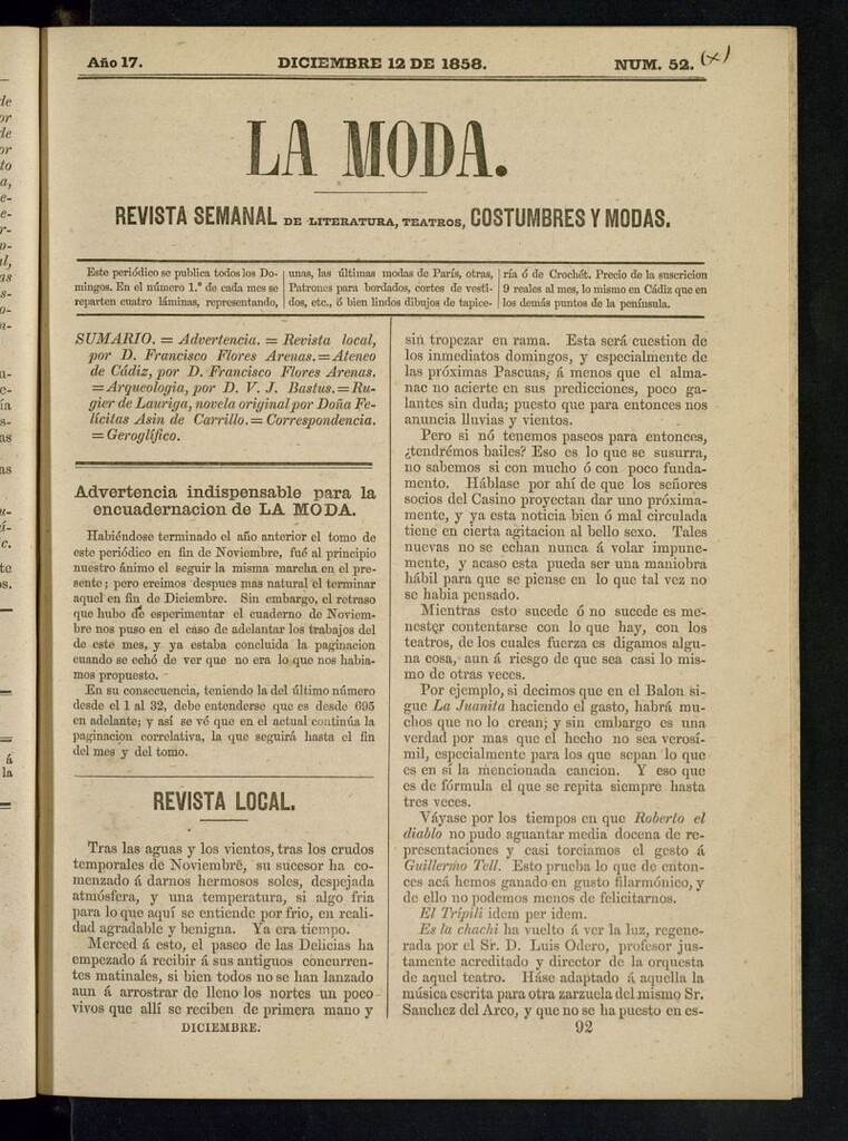 Miniatura de La Moda: revista semanal de literatura, teatros, costumbres y modas del 12 de diciembre de 1858