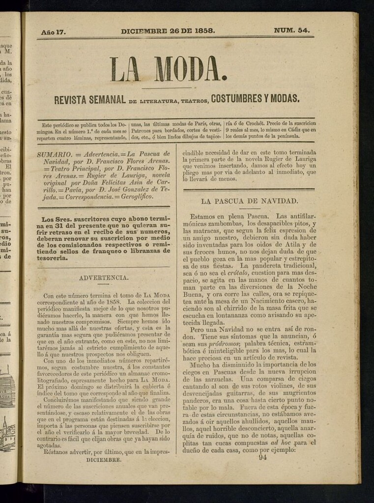 Miniatura de La Moda: revista semanal de literatura, teatros, costumbres y modas del 26 de diciembre de 1858