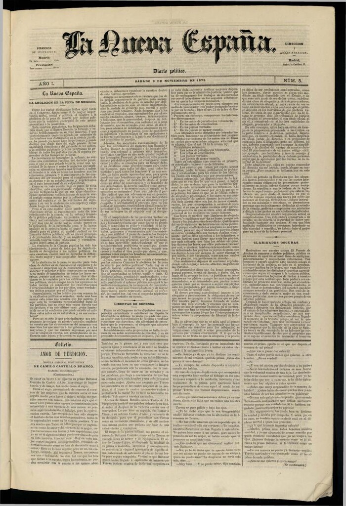 Miniatura de Diario Político La Nueva España del 9 de noviembre de 1872